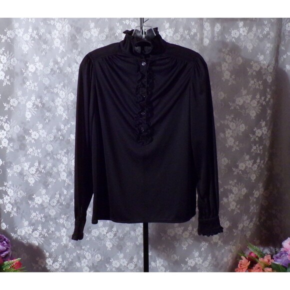 Act 3 Tops - Vintage 70s Blouse 1970s Ruffle Collar Black Victorian Prairie Goth Size Medium